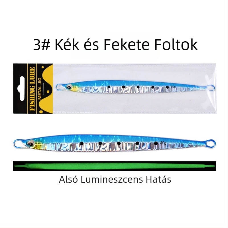 Mélytengeri horgászatra tervezett műcsali, 80–200 g, ólomból készült jig finom mintázatú fémlappával, hosszú dobás
