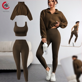 Női fleece sport szett fél-zipos, magas gallérral, három darabból álló készlet: pulóver, mellény és nadrág
