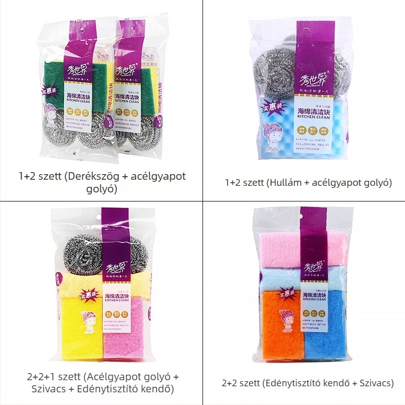 Mosogatószivacs, dörzső pad és acélgyapot golyók készlete