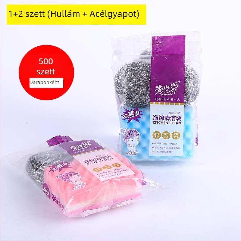 Mosogatószivacs, dörzső pad és acélgyapot golyók készlete