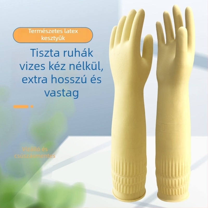 Hosszú gumikesztyűk vastagított latexből, vízálló és tartós otthoni használatra, mosogatáshoz és ruhák mosásához.