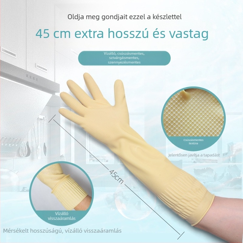 Hosszú gumikesztyűk vastagított latexből, vízálló és tartós otthoni használatra, mosogatáshoz és ruhák mosásához.