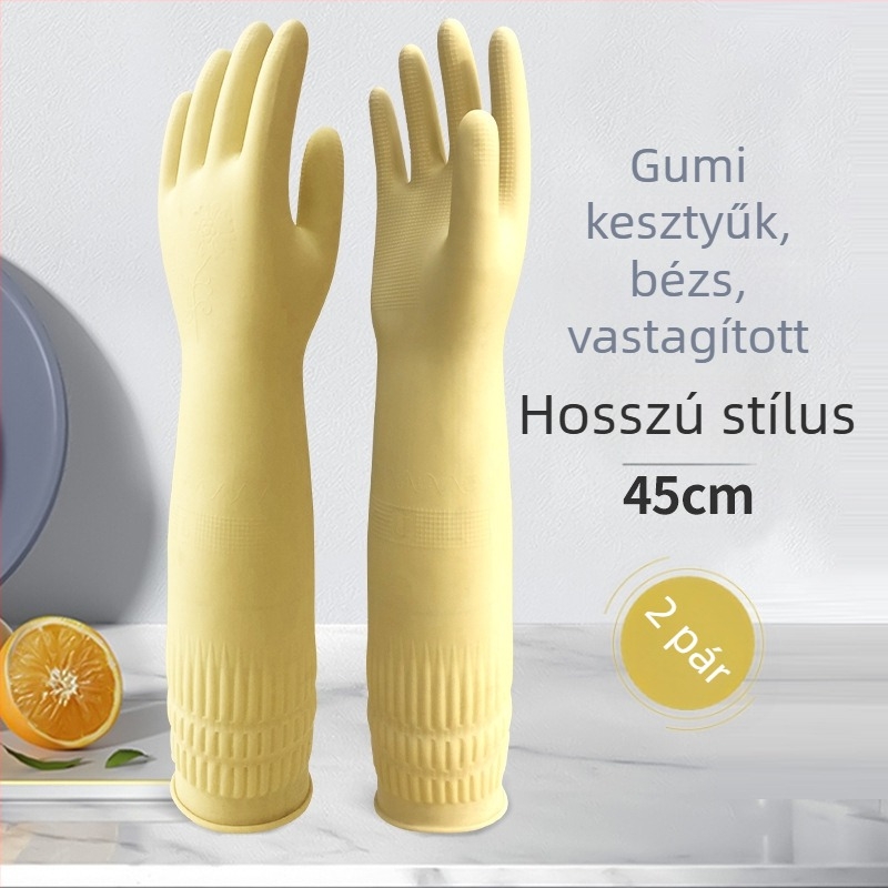 Hosszú gumikesztyűk vastagított latexből, vízálló és tartós otthoni használatra, mosogatáshoz és ruhák mosásához.