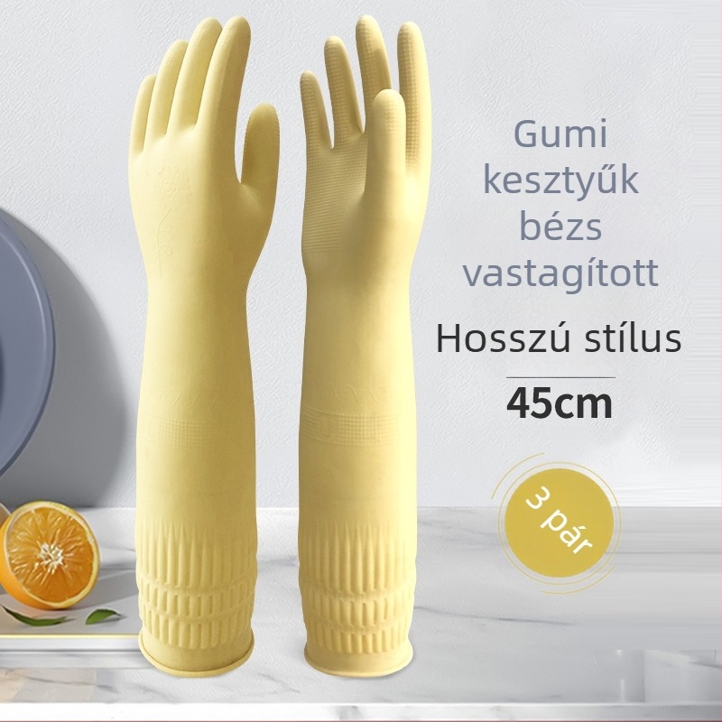 Hosszú gumikesztyűk vastagított latexből, vízálló és tartós otthoni használatra, mosogatáshoz és ruhák mosásához.