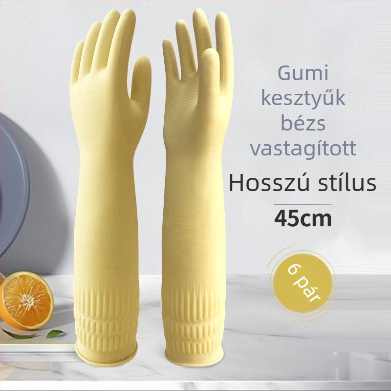 Hosszú gumikesztyűk vastagított latexből, vízálló és tartós otthoni használatra, mosogatáshoz és ruhák mosásához.