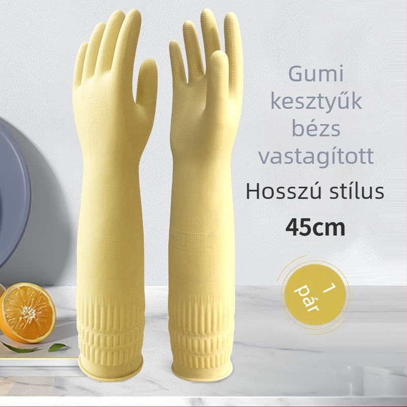 Hosszú gumikesztyűk vastagított latexből, vízálló és tartós otthoni használatra, mosogatáshoz és ruhák mosásához.
