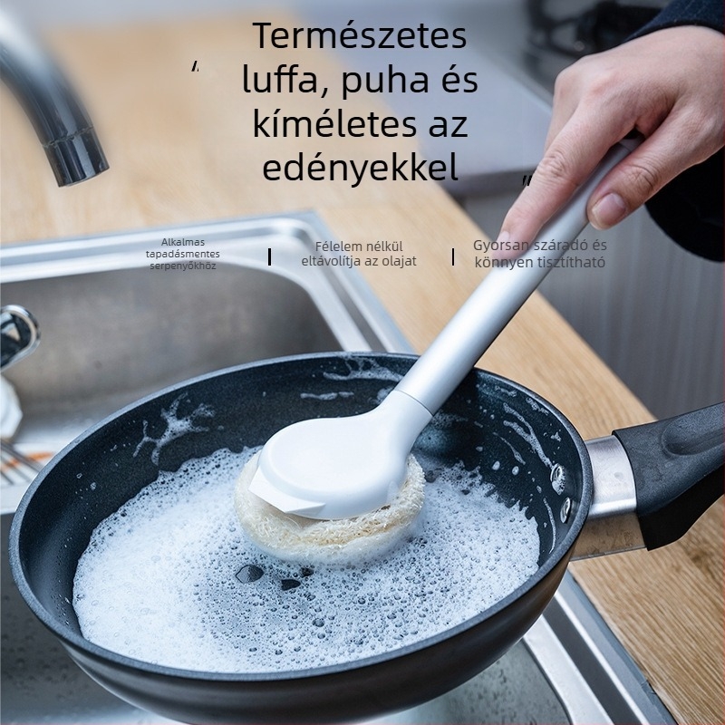 Természetes luffa edény- és mosogatókefe hosszú nyéllel, tapadásmentes serpenyőkhez