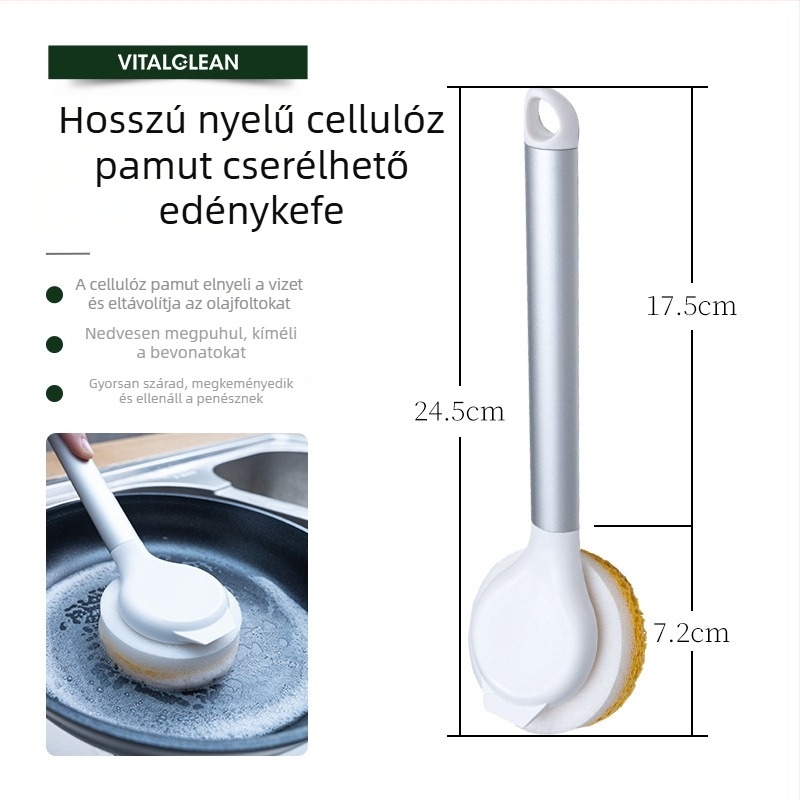 Természetes luffa edény- és mosogatókefe hosszú nyéllel, tapadásmentes serpenyőkhez