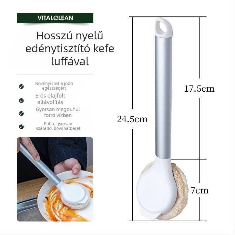 Természetes luffa edény- és mosogatókefe hosszú nyéllel, tapadásmentes serpenyőkhez