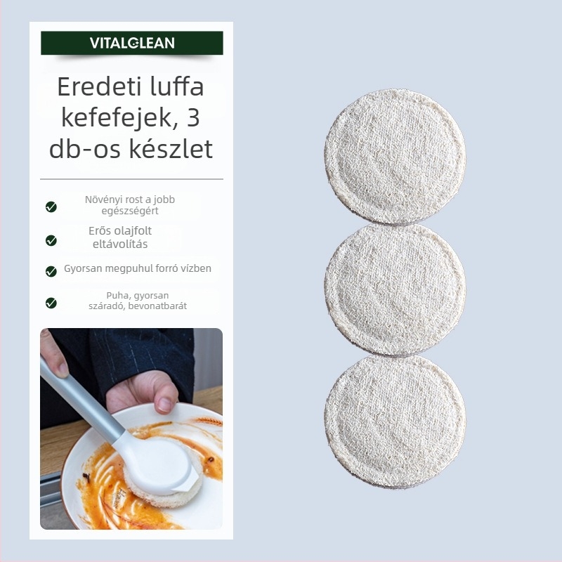 Természetes luffa edény- és mosogatókefe hosszú nyéllel, tapadásmentes serpenyőkhez