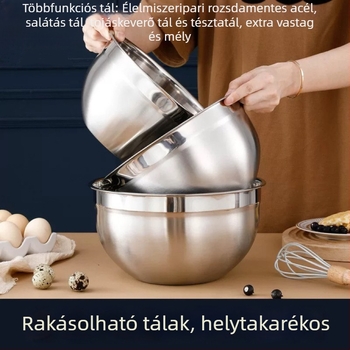 Keverőtál rozsdamentes acélból szilikon alappal, sütéshez, tészta dagasztásához és gyümölcsök tárolásához; csúszásmentes alj.