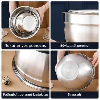 Keverőtál rozsdamentes acélból szilikon alappal, sütéshez, tészta dagasztásához és gyümölcsök tárolásához; csúszásmentes alj.