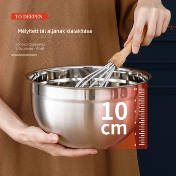 Keverőtál rozsdamentes acélból szilikon alappal, sütéshez, tészta dagasztásához és gyümölcsök tárolásához; csúszásmentes alj.