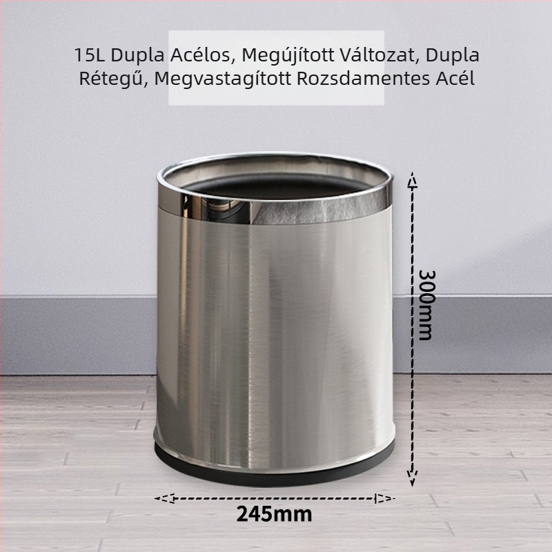 Rozsdamentes acél szemetes, dupla rétegű, fedél nélkül, 12 L, otthoni használatra (konyha, nappali, fürdőszoba)