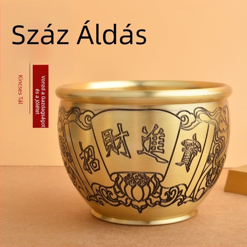Réz rizsdoboz arany békával gravírozva, kincsesmedence, asztali dísz és hamutál íróasztalhoz, gazdagságot vonzó dekor.