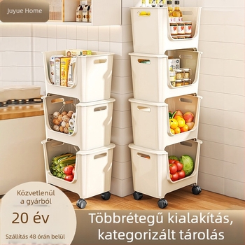 Konyhai tárolópolc, többszintes, nagy átmérőjű, padlón álló, mozgatható, műanyag zöldség- és élelmiszertároló