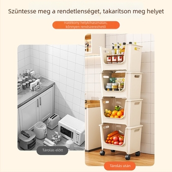 Konyhai tárolópolc, többszintes, nagy átmérőjű, padlón álló, mozgatható, műanyag zöldség- és élelmiszertároló