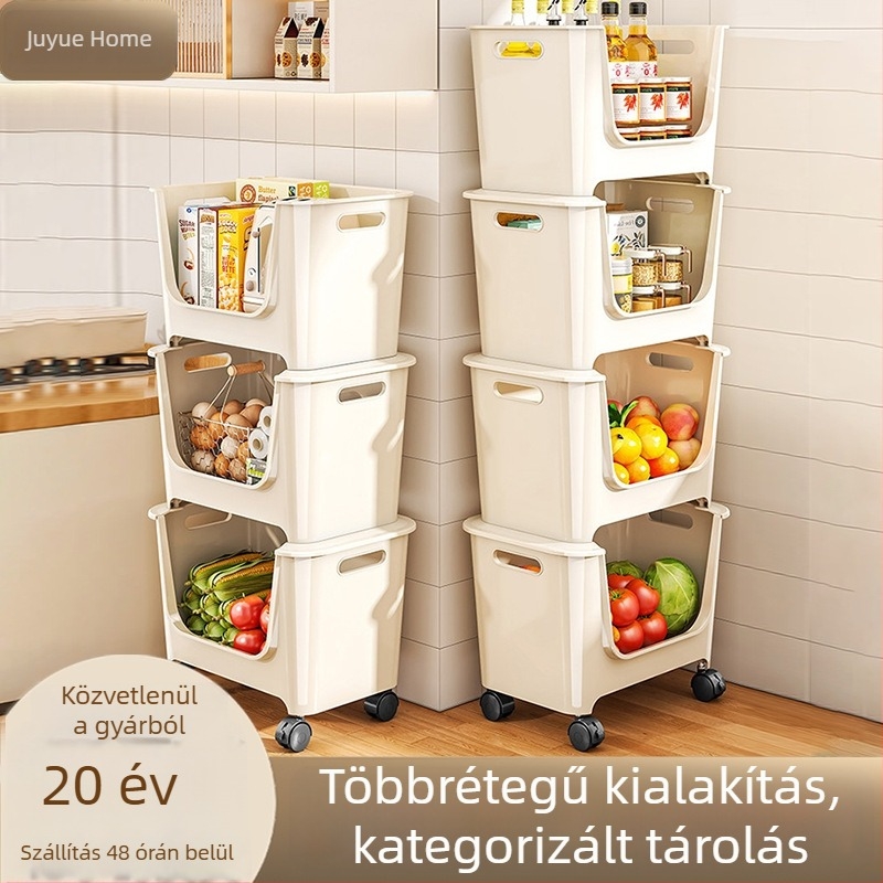 Konyhai tárolópolc, többszintes, nagy átmérőjű, padlón álló, mozgatható, műanyag zöldség- és élelmiszertároló