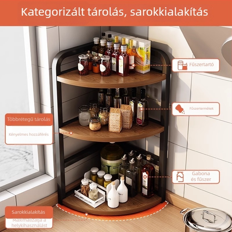 Háromszög alakú sarokpolc fűszereknek, fém konyhai tároló