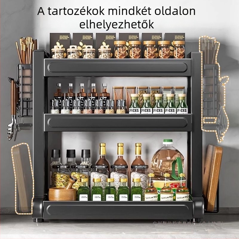 Pult tetején elhelyezett fűszertartó evőpálcika- és kés tartóval, multifunkcionális konyhai szervező