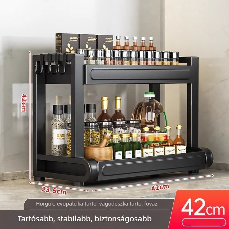 Pult tetején elhelyezett fűszertartó evőpálcika- és kés tartóval, multifunkcionális konyhai szervező