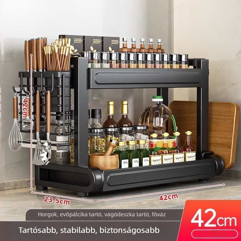 Pult tetején elhelyezett fűszertartó evőpálcika- és kés tartóval, multifunkcionális konyhai szervező