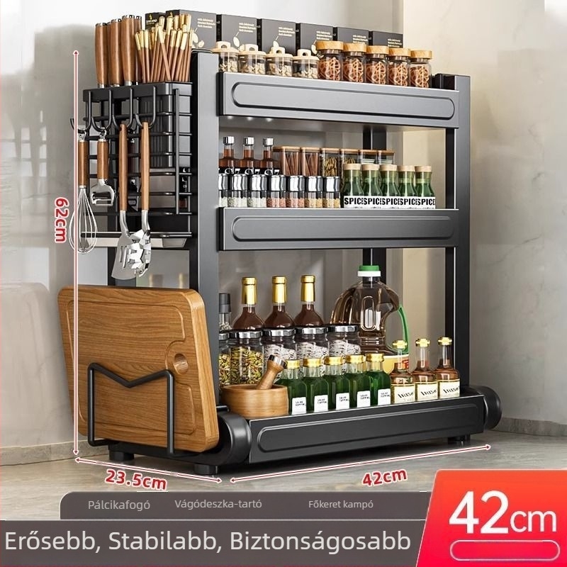 Pult tetején elhelyezett fűszertartó evőpálcika- és kés tartóval, multifunkcionális konyhai szervező