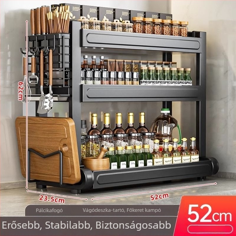 Pult tetején elhelyezett fűszertartó evőpálcika- és kés tartóval, multifunkcionális konyhai szervező