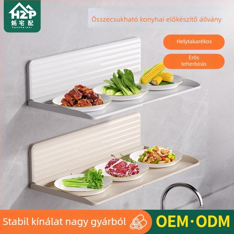 Összecsukható konyhai előkészítő tárolóállvány, falra szerelhető, több szintű tálaló rendező
