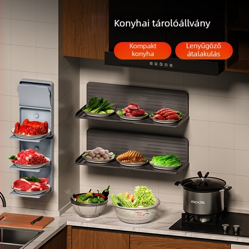 Összecsukható konyhai előkészítő tárolóállvány, falra szerelhető, több szintű tálaló rendező