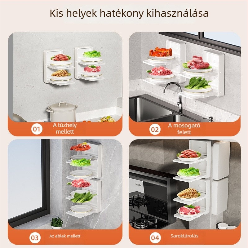 Összecsukható konyhai előkészítő tárolóállvány, falra szerelhető, több szintű tálaló rendező