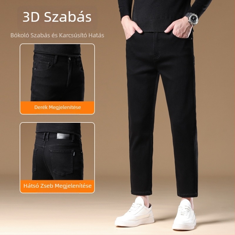 Prémium fekete férfi farmernadrág, egyenes szabás, 9/10 hossz, őszi-téli