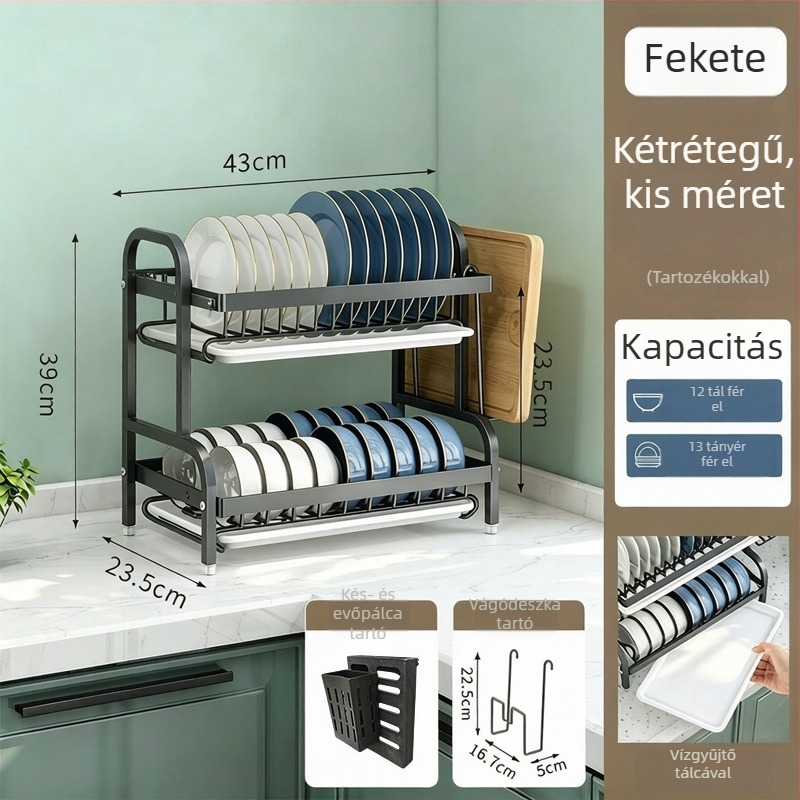 Konyhai kétszintes edény-/tálaló állvány öblítővel, asztali kivitel, többszintű tárolás, testreszabható