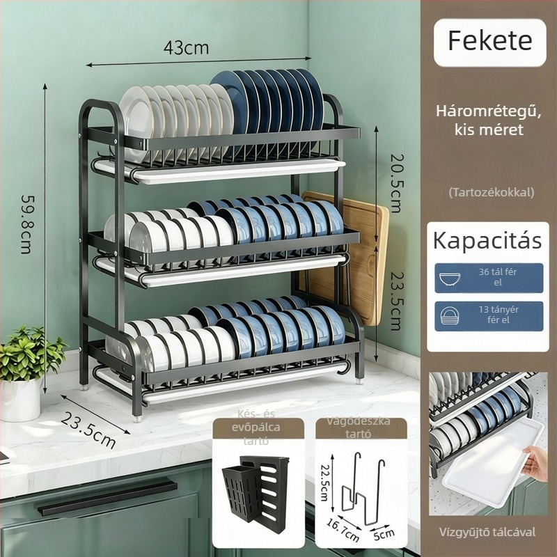 Konyhai kétszintes edény-/tálaló állvány öblítővel, asztali kivitel, többszintű tárolás, testreszabható
