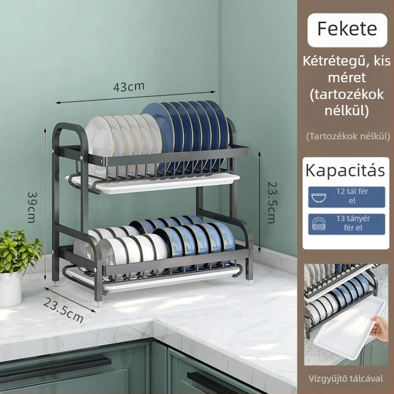 Konyhai kétszintes edény-/tálaló állvány öblítővel, asztali kivitel, többszintű tárolás, testreszabható