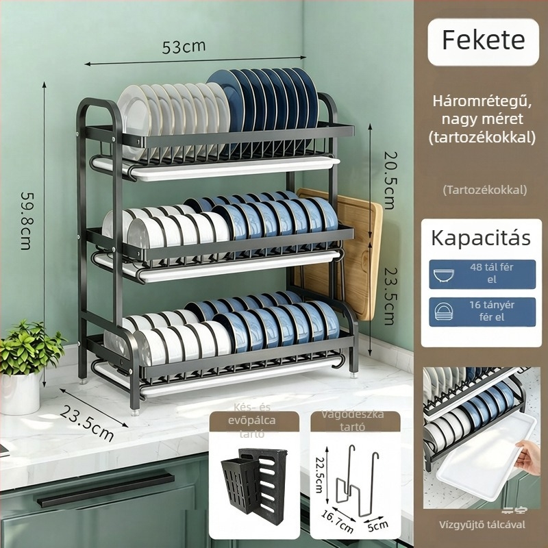 Konyhai kétszintes edény-/tálaló állvány öblítővel, asztali kivitel, többszintű tárolás, testreszabható