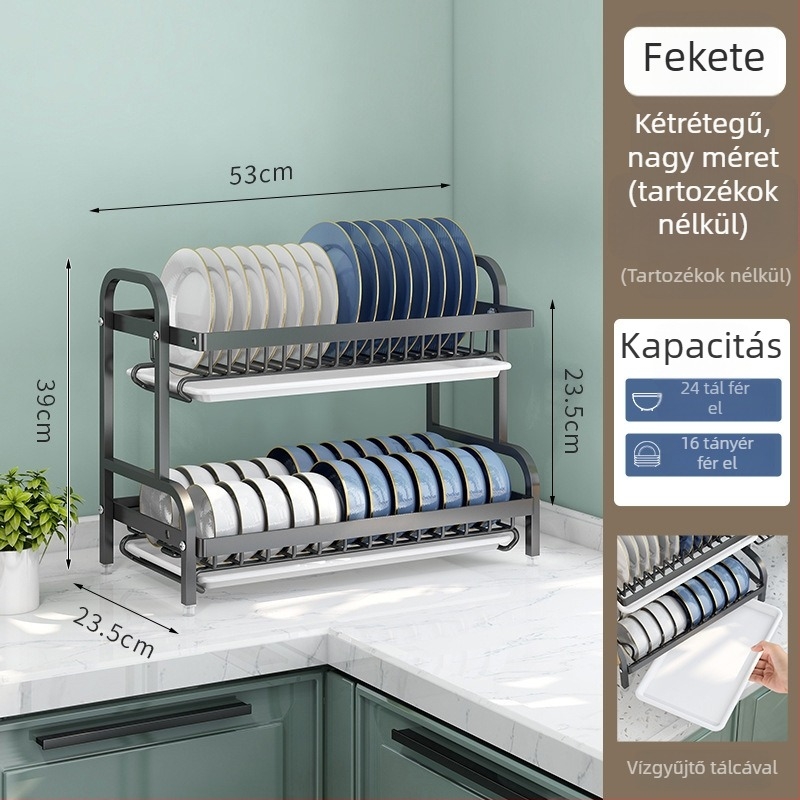 Konyhai kétszintes edény-/tálaló állvány öblítővel, asztali kivitel, többszintű tárolás, testreszabható