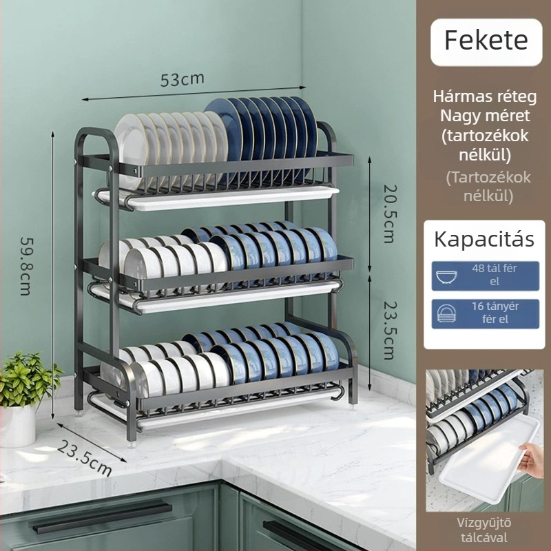 Konyhai kétszintes edény-/tálaló állvány öblítővel, asztali kivitel, többszintű tárolás, testreszabható