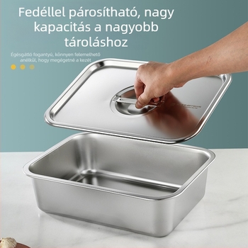 Rozsdamentes acélból készült négyszögletes/téglalap alakú mély edény lapos aljzattal és fedővel; zöldségek mosására és főtt ételek tálalására; fagyasztó edényként is használható.