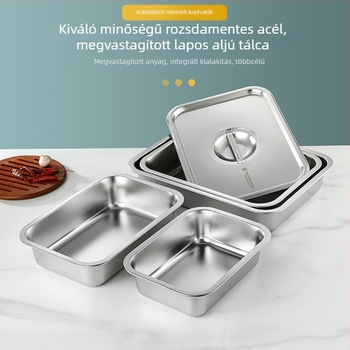 Rozsdamentes acélból készült négyszögletes/téglalap alakú mély edény lapos aljzattal és fedővel; zöldségek mosására és főtt ételek tálalására; fagyasztó edényként is használható.