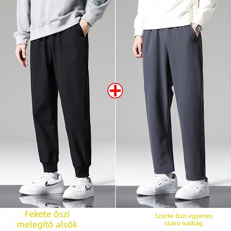 Férfi fleece sportnadrág, 3/4 hosszúságú, elasztikus derékpánttal és kötőfűzővel, egyenes szabású, meleg, plusz méret