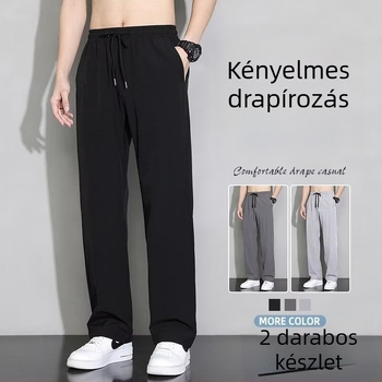 Férfi nyári egyenes nadrág, vékony Ice Silk anyag, laza szabás, légáteresztő, gyorsan száradó, hosszú sportos nadrág
