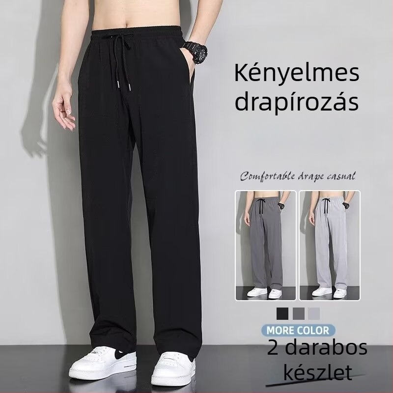 Férfi nyári egyenes nadrág, vékony Ice Silk anyag, laza szabás, légáteresztő, gyorsan száradó, hosszú sportos nadrág