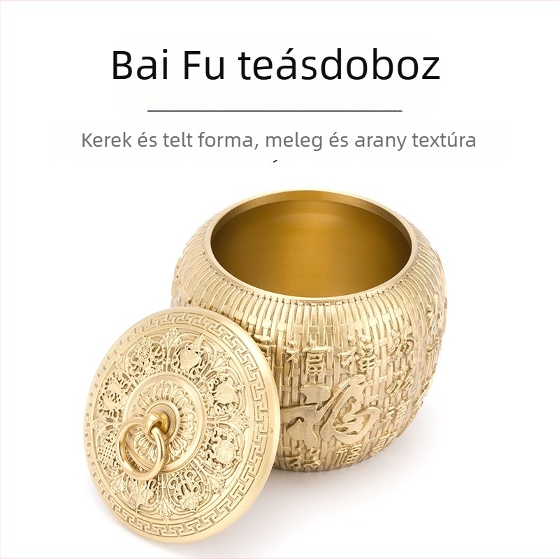 Sárgaréz teátároló edény zárható fedéllel – Pu'er tea számára, prémium nedvességálló kivitel, aranyszínű felülettel