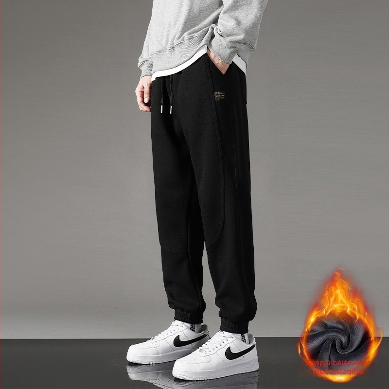 Férfi őszi casual nadrág japán friss stílussal, laza szabású, cropped hossz, középmagas derék, övvel és kötőzárral zárható, fleece-beléssel, elasztikus anyagú, egyszínű