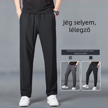 Férfi jégselyem sportnadrág, egyszínű, nyári vékony, laza szabás, plusz méret, gyorsan száradó, mindennapi, egyenes szárú