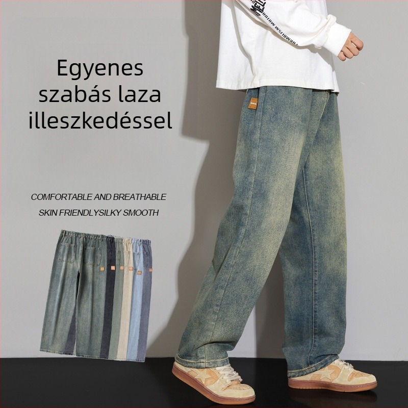 Férfiaknak szóló farmernadrág, amerikai stílusú, széles és egyenes szabás, tavasz–ősz, 2026-os új modell, kényelmes és laza viselet