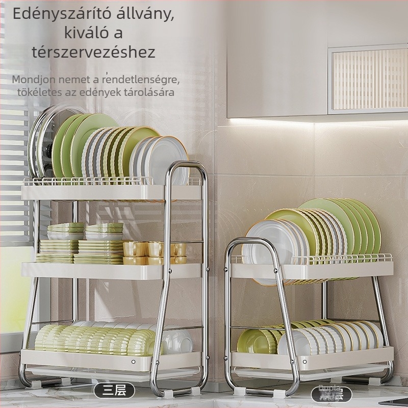 Asztali többszintű edény-szárító állvány színes dizájnnal, tálakhoz és tányérokhoz