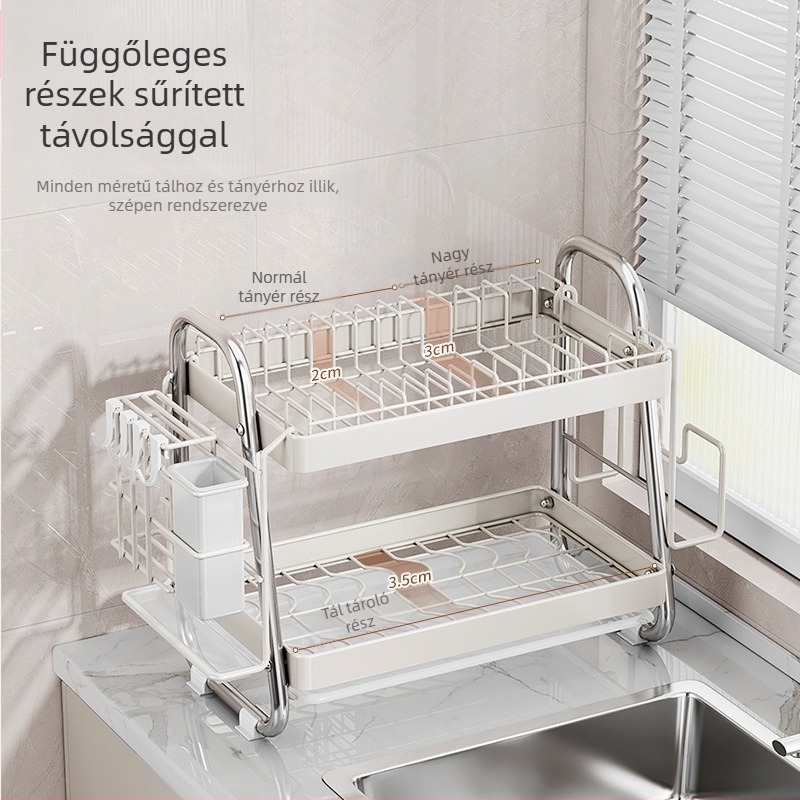 Asztali többszintű edény-szárító állvány színes dizájnnal, tálakhoz és tányérokhoz