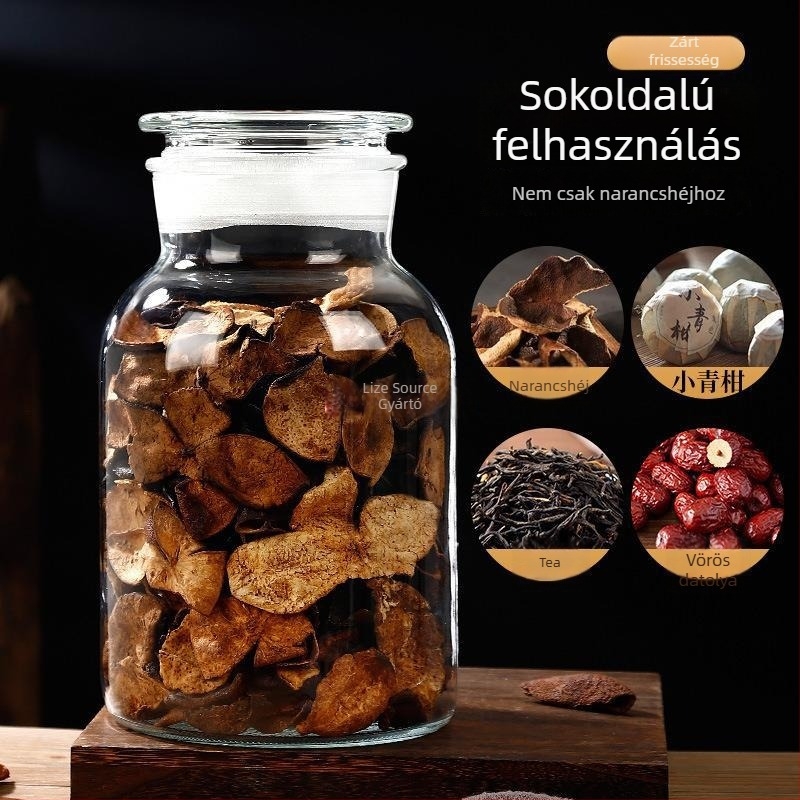 Nagy méretű üveg tárolóedény teához és gyógynövényekhez, élelmiszer-minőségű, légmentesen záró fedél